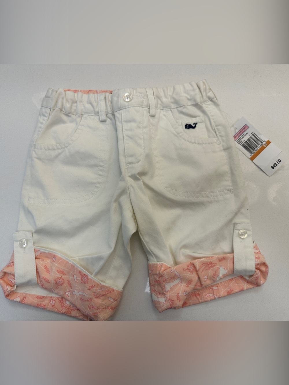 Vineyard Vines Toddler Girls' White Cotton Roll-Cuff Shorts with Pink Print Trim